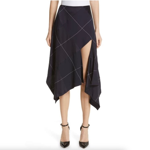 Monse Asymmetric Paneled Satin And Crepe Midi Skirt in Navy - Picture 2 of 13
